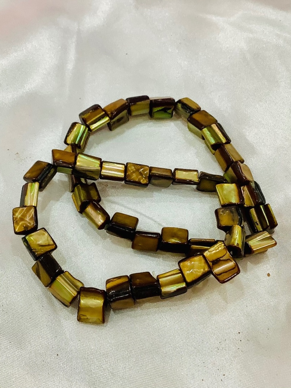 Golden Mother of Pearl Bracelet Stretchy Comfortable Jewelry Set of Two